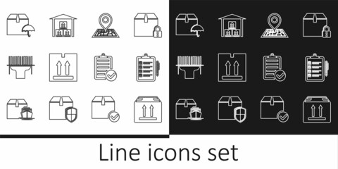 Set line Cardboard box with traffic, Verification of delivery list, Placeholder map, Scanner scanning bar code, Delivery package umbrella, and Warehouse icon. Vector