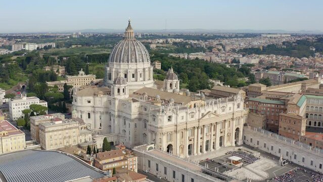 Aerial view of Papal Basilica of Saint Peter in the Vatican located in Rome, Italy, before a weekly general audience. It's the most important and largest church in the world and residence of the Pope.