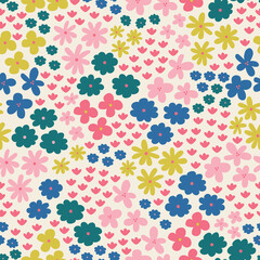 Field of colourful flowers, vector seamless pattern design. Pink, green, blue and yellow tones. Trendy summer and spring floral vibes. Abstract and modern elements. Matching patterns available. 