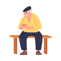 Senior Man Character in Cap Playing Cards Game Sitting on Chair Vector Illustration