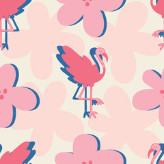 Pink flamingo seamless vector pattern design. Isolated flamingos with flowers in background. Cute blue details. Perfect for tropical summer vibes. Nursery and baby proof. Matching patterns available.