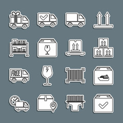 Set line Package box with check mark, Cargo ship boxes, Cardboard traffic, Delivery cargo truck vehicle, fragile content, Warehouse, gift and pallet icon. Vector