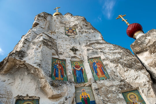 Village Kostomarovo, Voronezh region, Russia, icons on the wall of the Cave Cathedral of the Savior Image Not Made by Hands in the Kostomarovsky Spassky Convent