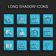 Set line Verification of delivery list, Placeholder map, Delivery truck and clock, package with umbrella, Fragile broken glass, Scale cardboard box, Search and fragile content icon. Vector