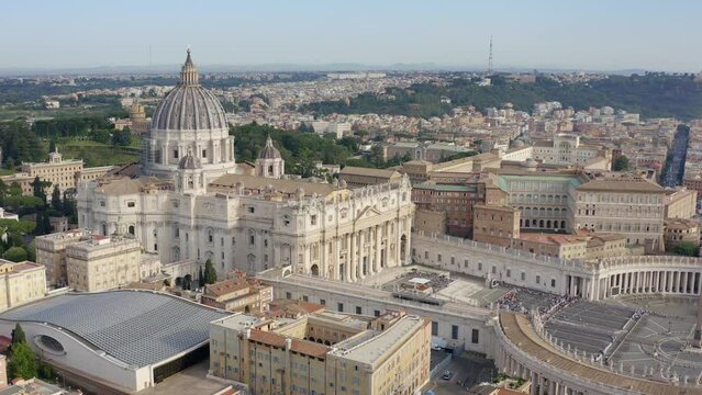 Aerial view of Papal Basilica of Saint Peter in the Vatican located in Rome, Italy, before a weekly general audience. It's the most important and largest church in the world and residence of the Pope.
