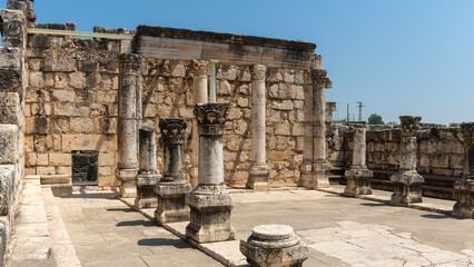 Reconstruction of the ruins of the White Synagogue where Jesus preached at Capernaum, Kfar Nahum,...