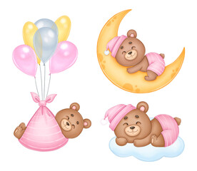 Watercolor set of a sleeping bear on a cloud, on the moon. Babyshower girl watercolor clipart