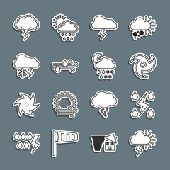 Set line Storm, Tornado, Wind and rain, Cloud with snow lightning, and snow, moon icon. Vector