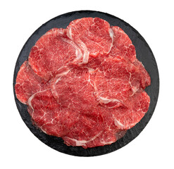 Rare Sliced Wagyu beef with marbled texture on black plate isolated on white background, Red beef Sliced Asian shabu shabu Sukiyaki food style on white background With clipping path.	
