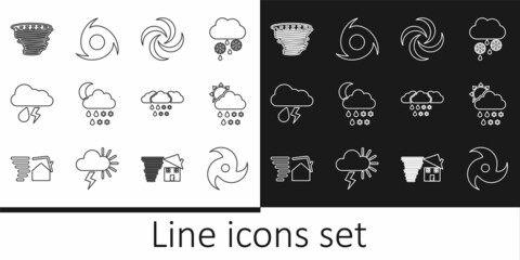 Set line Tornado, Cloud with snow, rain, sun, moon, and lightning, and icon. Vector