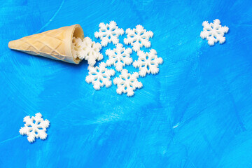 Ice cream made from waffle cone and snow flakes