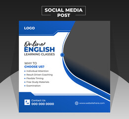 Modern social media post ads banner design template for online english language learning course facebook post, instagram post ad