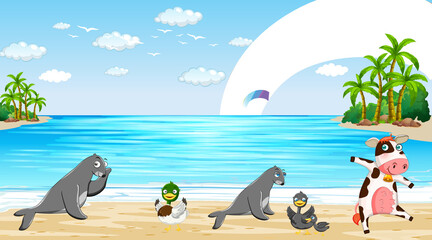 Fototapeta na wymiar Beach scene with seals and ducks