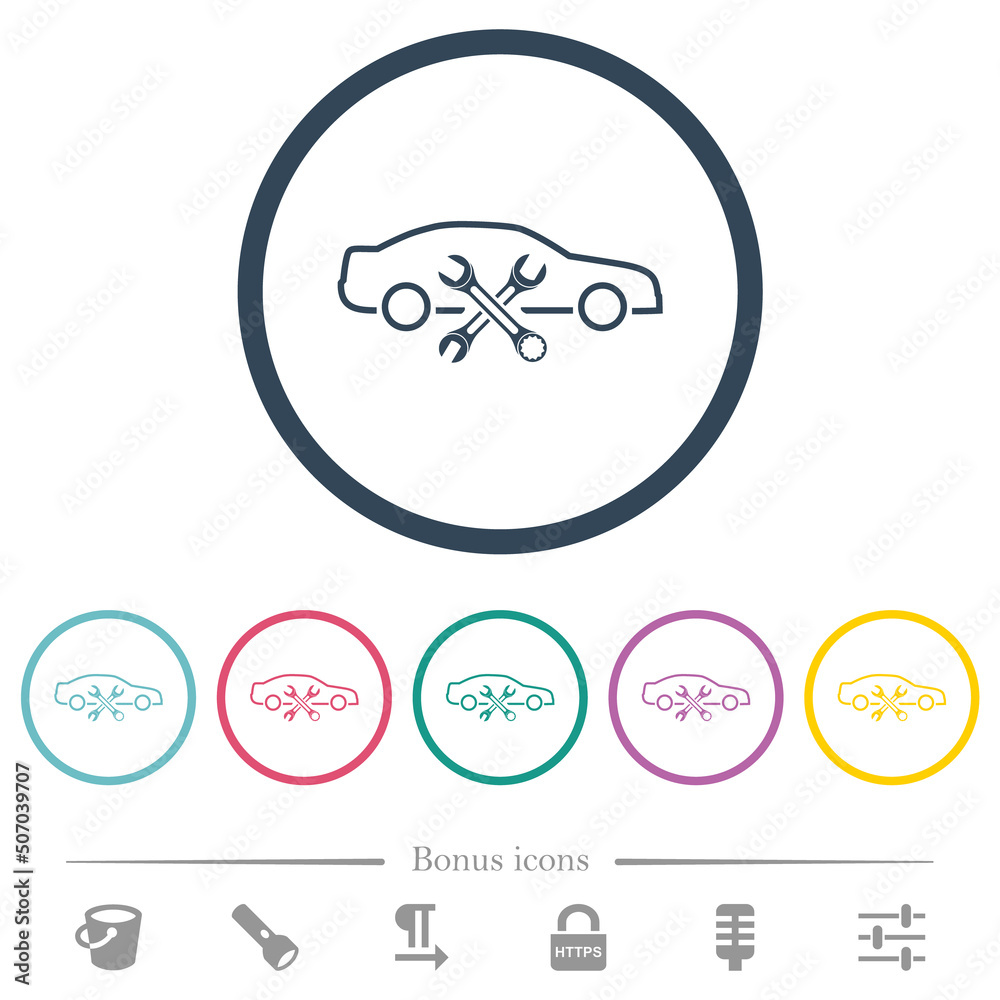 Sticker car repair workshop outline flat color icons in round outlines