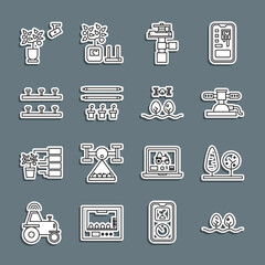 Set line Plant, Trees, Automatic irrigation sprinklers, Smart farm with bulb and plant, farming technology and drone icon. Vector