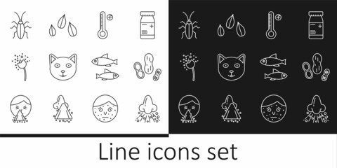 Set line Runny nose, Peanut, Medical digital thermometer, Pet, Flower producing pollen, Cockroach, Fish and Sesame seeds icon. Vector