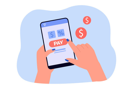 Female hand holding phone with payment process on screen. Person paying for service or taxes via mobile application flat vector illustration. Technology, finances concept for banner, website design