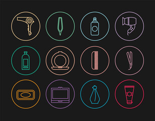 Set line Lotion cosmetic tube, Curling iron, Spray can, Makeup powder with mirror, Bottle of shampoo, Hair dryer, Hairbrush and Eyebrow tweezers icon. Vector