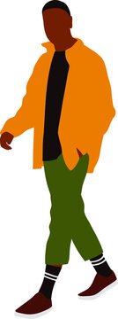 A Young Black Guy Walks In An Orange Shirt And Green Jeans