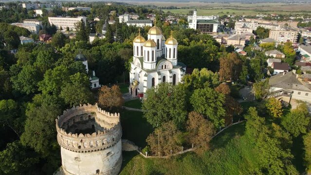 Aerial shot the city Ostroh. Ostorg castle. Theological Cathedral. Ukraine