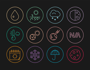 Set line Moon, Not applicable, Cloud with snow, Earth globe and sun, Meteorology thermometer, Water drop, Comet falling down fast and Drought icon. Vector