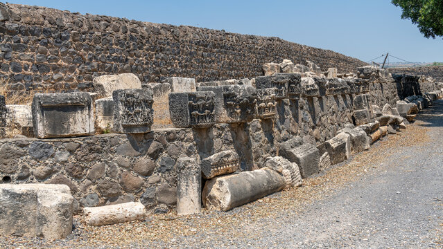 Variety of carved architectural features from the ruins at Capernaum, Kfar Nahum, Capharnaum in Israel
