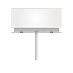 Obraz premium Digital street billboard vector mockup banner. White template metal placard on thick tube stand for video promotion and text messages. Horizontal marketing informational layout outdoor.