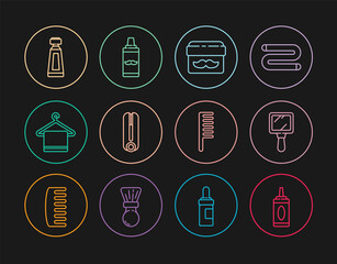 Set line Bottle of shampoo, Hand mirror, Cream lotion cosmetic jar, Curling iron for hair, Towel hanger, tube, Hairbrush and Shaving gel foam icon. Vector