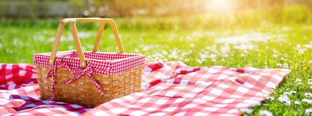 Picnic duvet with empty bascket on the meadow in nature. - 507041723