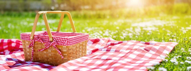 Foto op Canvas Picnic duvet with empty bascket on the meadow in nature. © candy1812