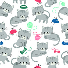 Obraz premium Cute vector seamless pattern with difference cats. Pattern for printing on fabric, clothing, wrapping paper, wallpaper for a kids room, baby things.