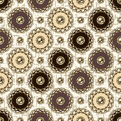 Seamless pattern with circles with gold chains, beads. Diagonal geometric pattern on beige textured background. Pastel noble colors.