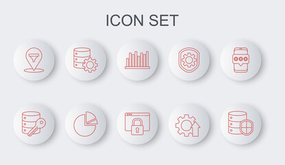 Set line Server with shield, security key, Pie chart infographic, Arrow growth gear, Location sales funnel, and, and Secure your site HTTPS, SSL icon. Vector