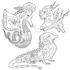 Set with fancy dragons on white background. Contour illustration for coloring book with fantasy reptile.  Line art design for adult or kids in zentangle style, tattoo and coloring page.