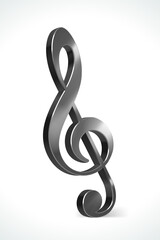 Musical 3d note vector. Melodic treble clef is symbol of steel gray color an element classical conservatory and modern music. Volume symphony design of art in creative songs and opera arias.