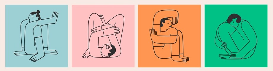 Four persons sitting or lying in different poses. Cute abstract disproportionate characters. Hand drawn modern Vector illustration. Cartoon trendy style. Every person is isolated