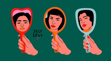 Woman's hand holding mirror reflexing her beautiful face. Lady staring at herself in mirror reflection. Hand drawn isolated Vector illustrations. Cartoon flat style. Self love, acceptance concept - obrazy, fototapety, plakaty
