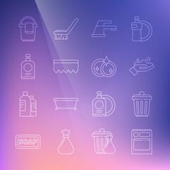 Set line Kitchen dishwasher machine, Trash can, Washing hands with soap, Water tap, Sponge bubbles, Hand sanitizer bottle, Bucket rag and dishes icon. Vector