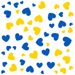 Seamless Ukraine pattern with blue and yellow simple hearts of different size on white background. Pray for Ukraine concept. Vector illustration.