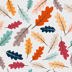 Fototapeta premium Seamless abstract pattern, ornament, autumn multicolored oak leaves vector texture background.