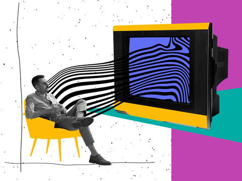 Conceptual contemporary art collage. Ideas, vintage, retro style, imagination. Young man watching retro Tv set on abstract background with drawings.