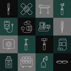 Set line Safety goggle glasses, Medicine bottle and pills, Medical thermometer, Stretcher, Blood pressure, IV bag, saw and icon. Vector