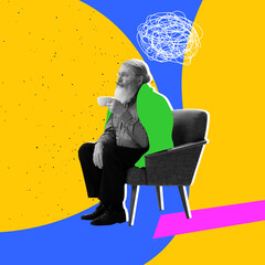 Bright contemporary art collage. Ideas, vintage, retro style, imagination. Old man sitting and drinking tea on abstract background with drawings.
