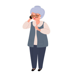 Vector character illustration of elderly woman talking on smartphone. Grandmother using mobile phone. Family, mobile internet, social media, modern communication technology concept.