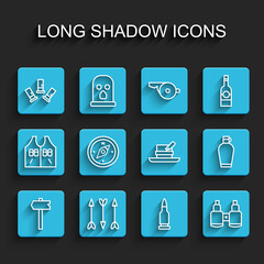 Set line Road traffic sign, Hipster arrows, Cartridges, Bullet, Binoculars, Compass, Canteen water bottle and Hunter hat with feather icon. Vector