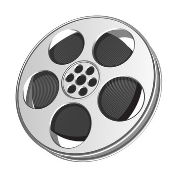 Vector 3d illustration of realistic retro old fashioned movie film reel with rolled cinema tape inside isolated on white background