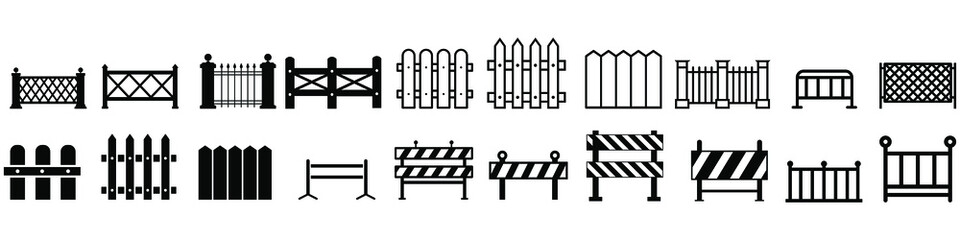 Fence flat line icon set. Wood fencing, metal profiled sheet, wire mesh, crowd control barricades vector illustration.