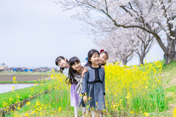 Fototapeta premium お花畑で仲良く遊ぶ小学生の女の子