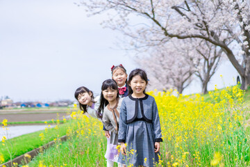 お花畑で仲良く遊ぶ小学生の女の子
