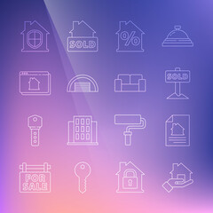 Set line Realtor, House contract, Hanging sign with text Sold, percant discount, Garage, Online real estate house, under protection and Sofa icon. Vector